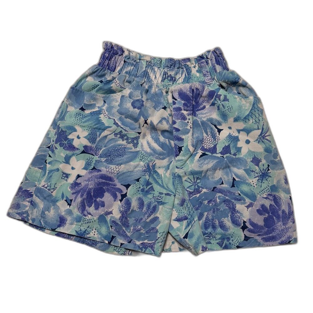 EnChanté Vintage 90s High Rise Floral Shorts Blue Teal Cotton USA Women Small